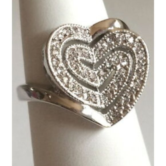 Silver Heart Cocktail Ring Size 5 6 10 Cubic Zirconia Statement Rhodium Plated - Picture 3 of 8
